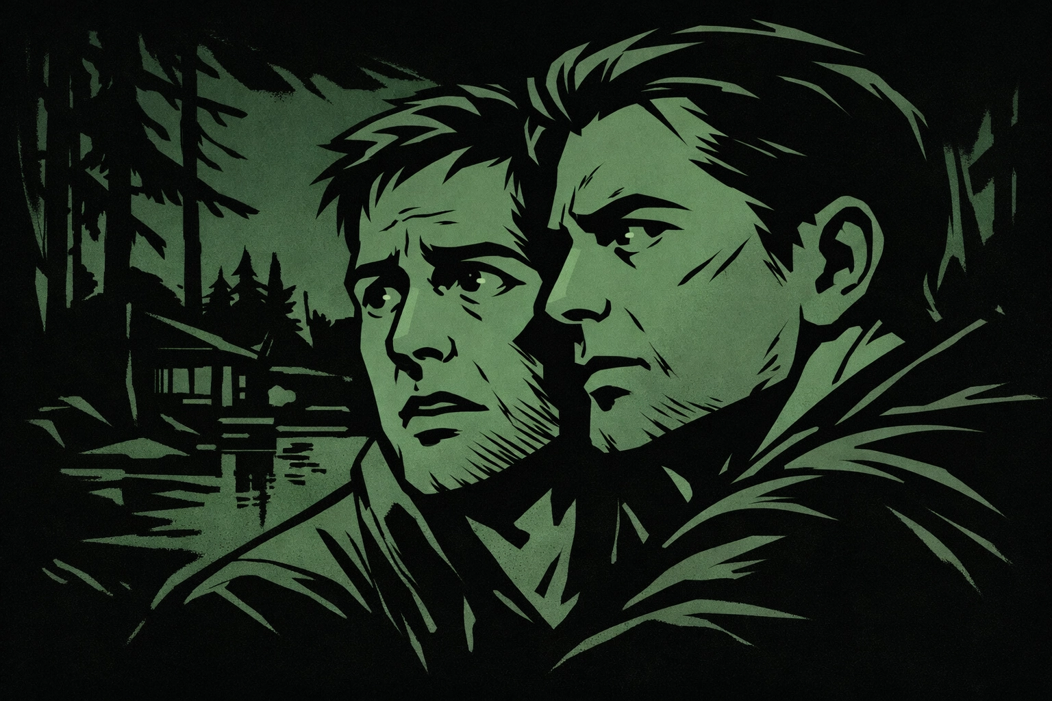 Gay horror fiction: close-up of two men facing unseen threat together with fear and trust