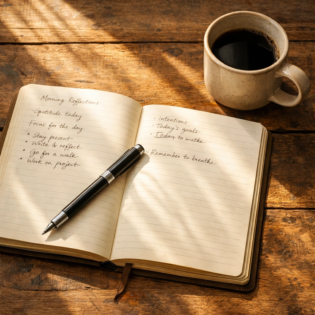 Journal with burnout audit notes and planning for healthcare practice improvement