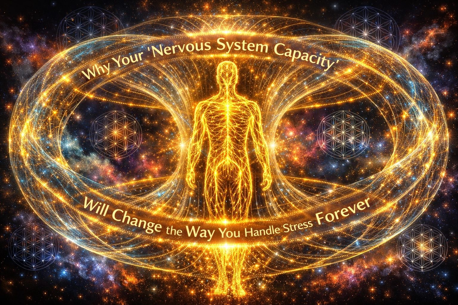 Glowing human silhouette with golden neural pathways representing nervous system capacity and personal development.