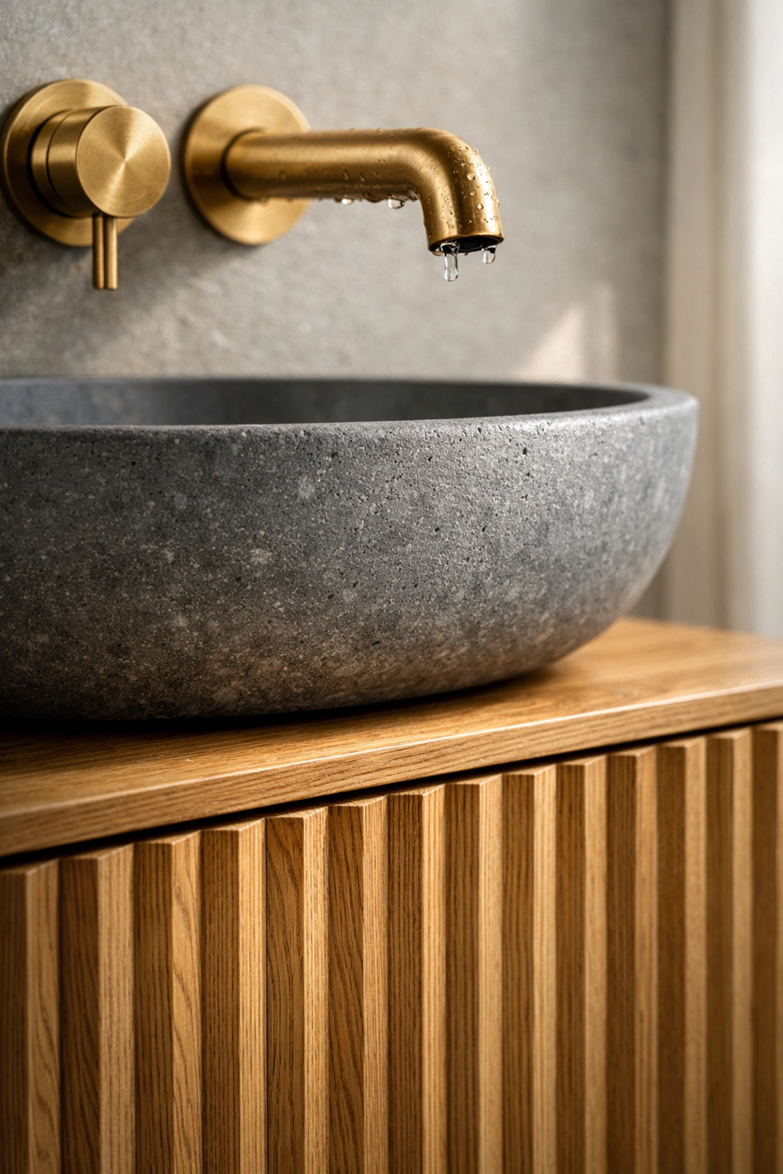 Luxury bathroom interior design highlighting realistic wood textures and stone material details.
