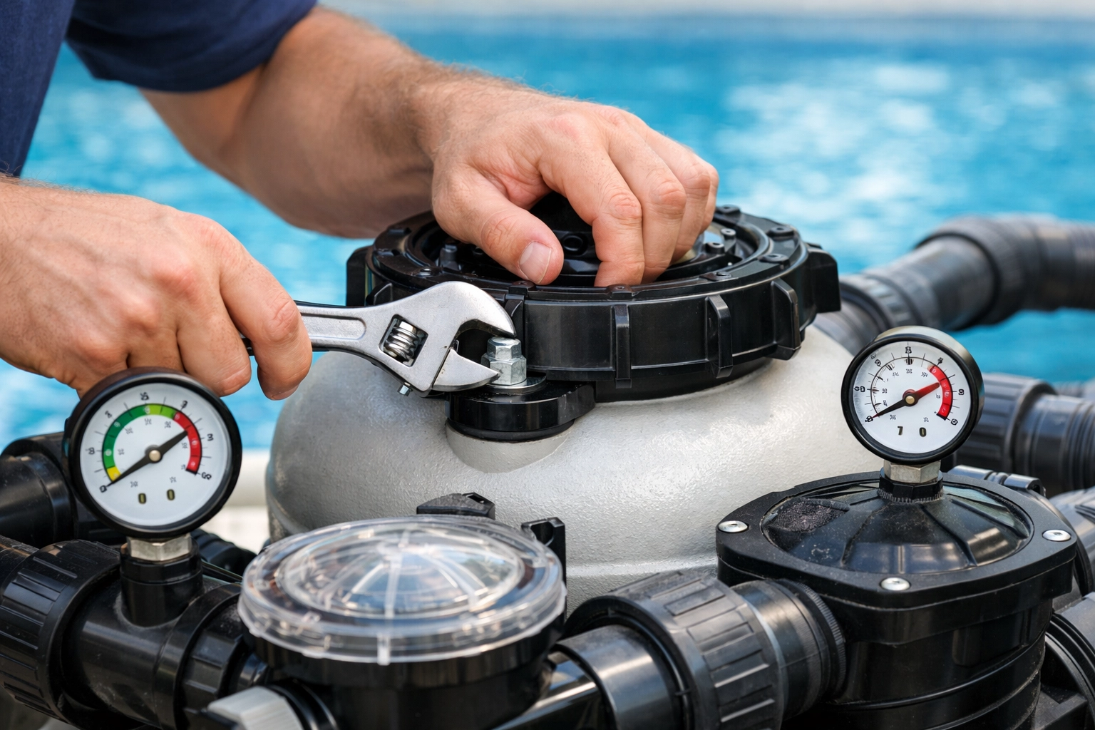 Professional pool technician performing equipment maintenance and repair inspection
