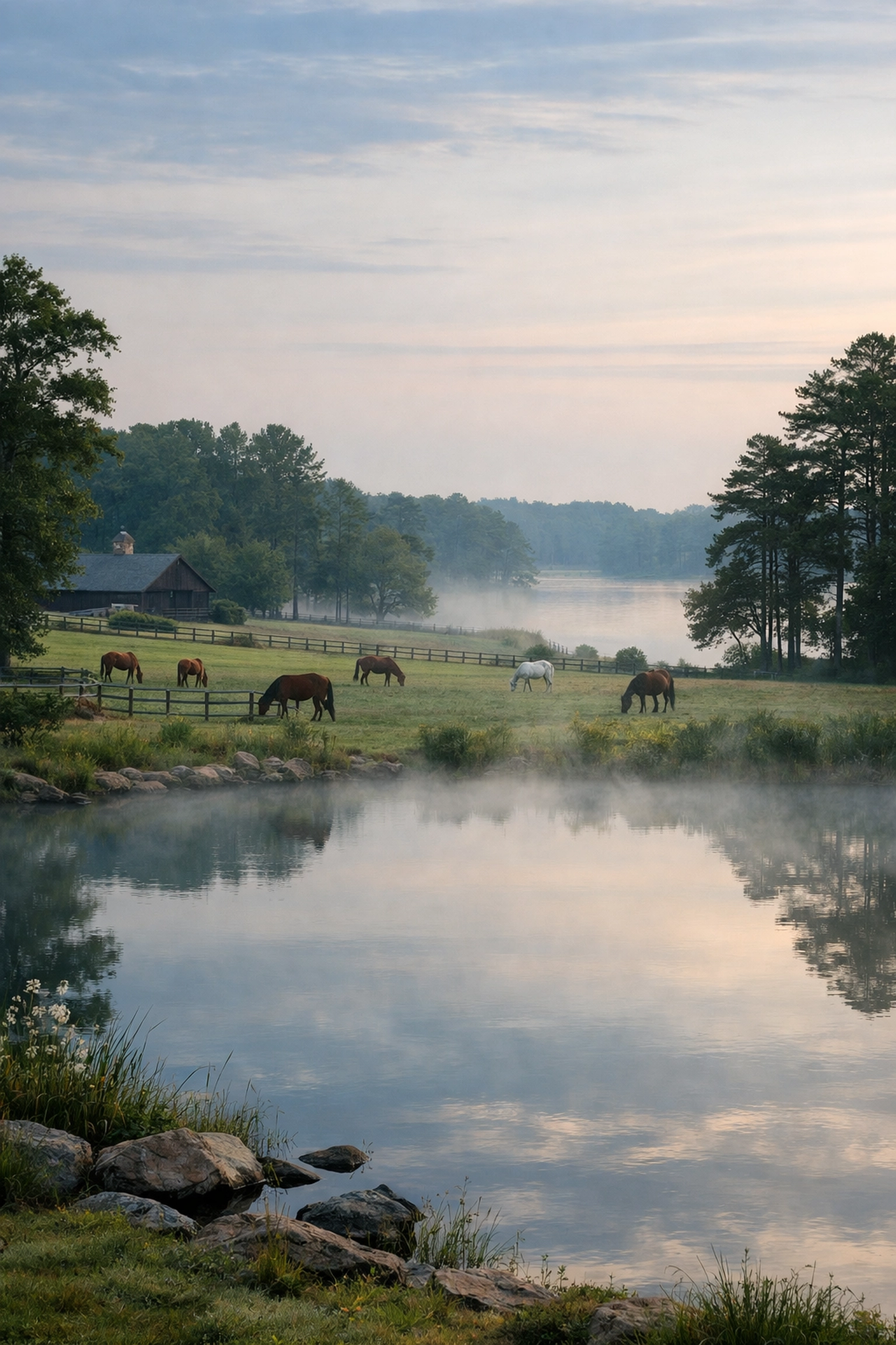 Equestrian property near Lake Norman with pond and horses grazing in Davidson NC
