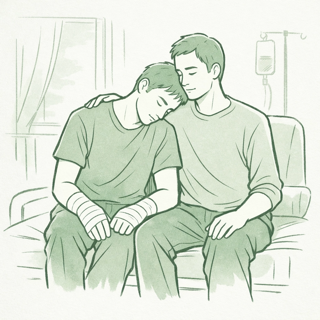 Two men in emotional MM romance recovery scene - gay love story support and healing