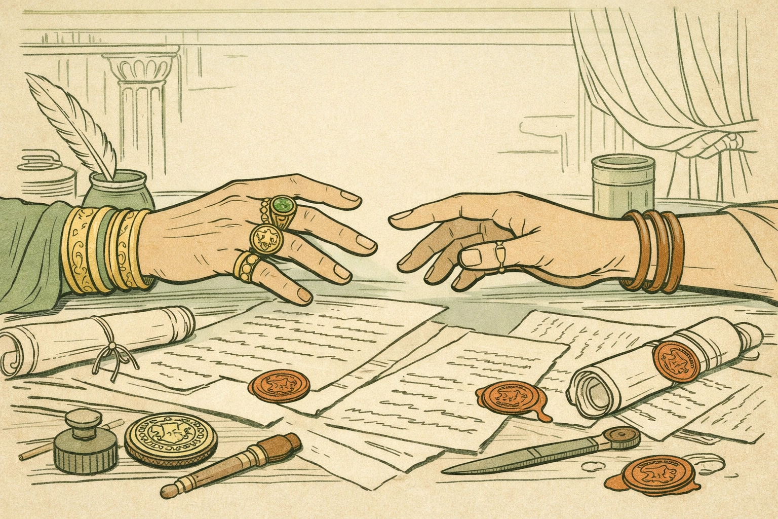 Hands reaching across papyrus documents showing power dynamics in Egyptian gay romance