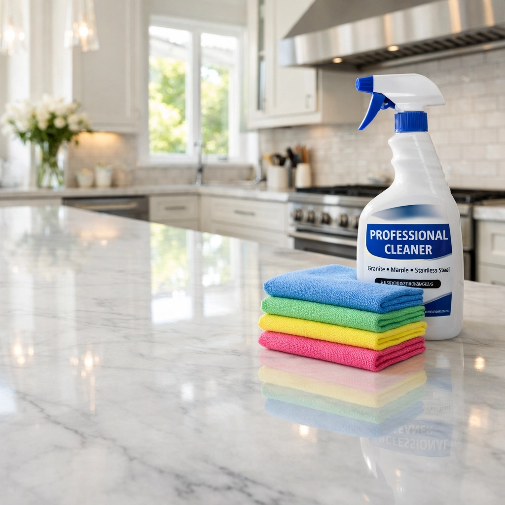 Professional marble countertop cleaning and specialized home maintenance tools in a modern kitchen.