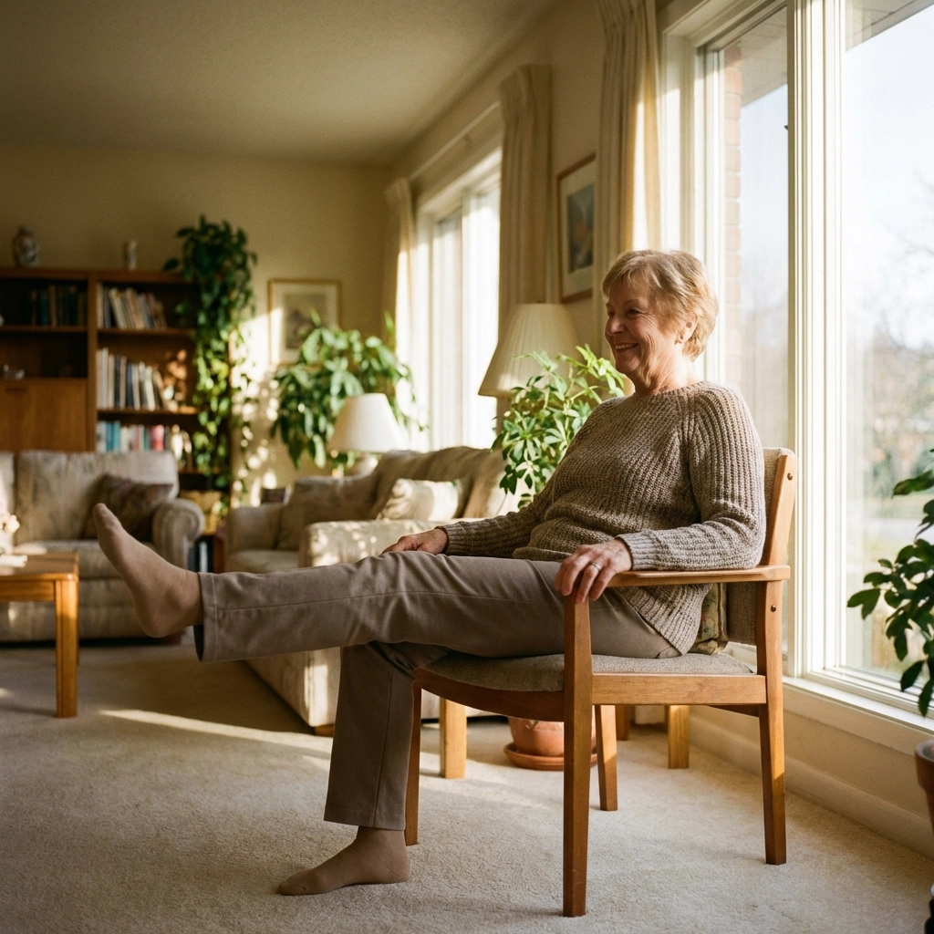 Senior performing seated leg lift exercise at home for fall prevention