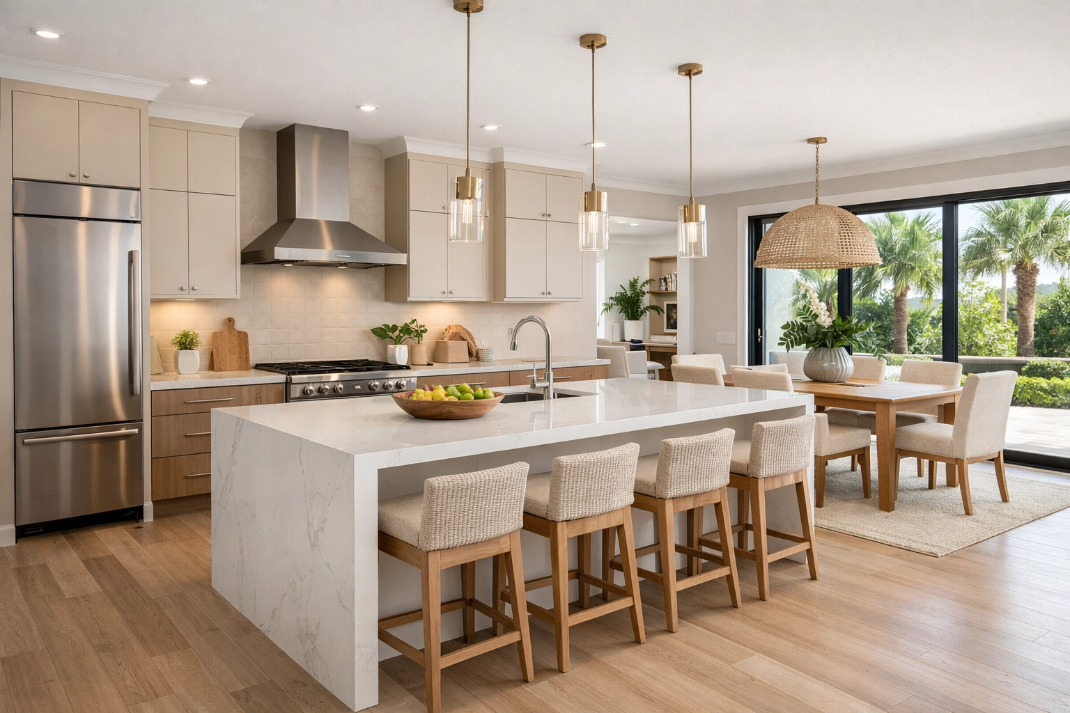 Modern Orlando kitchen remodel featuring a sleek quartz island and high-end cabinetry for peak functionality.
