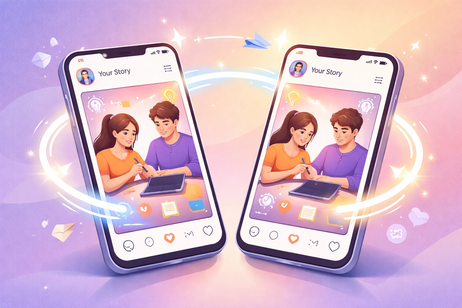 Deux smartphones affichant la même Story Instagram, symbolisant la co-publication entre marque et créateur en marketing d'influence