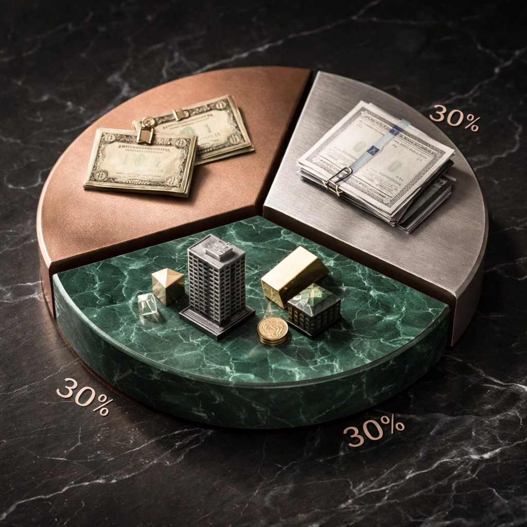 Balanced 40/30/30 portfolio allocation showing equities, bonds, and alternative investments for diversification