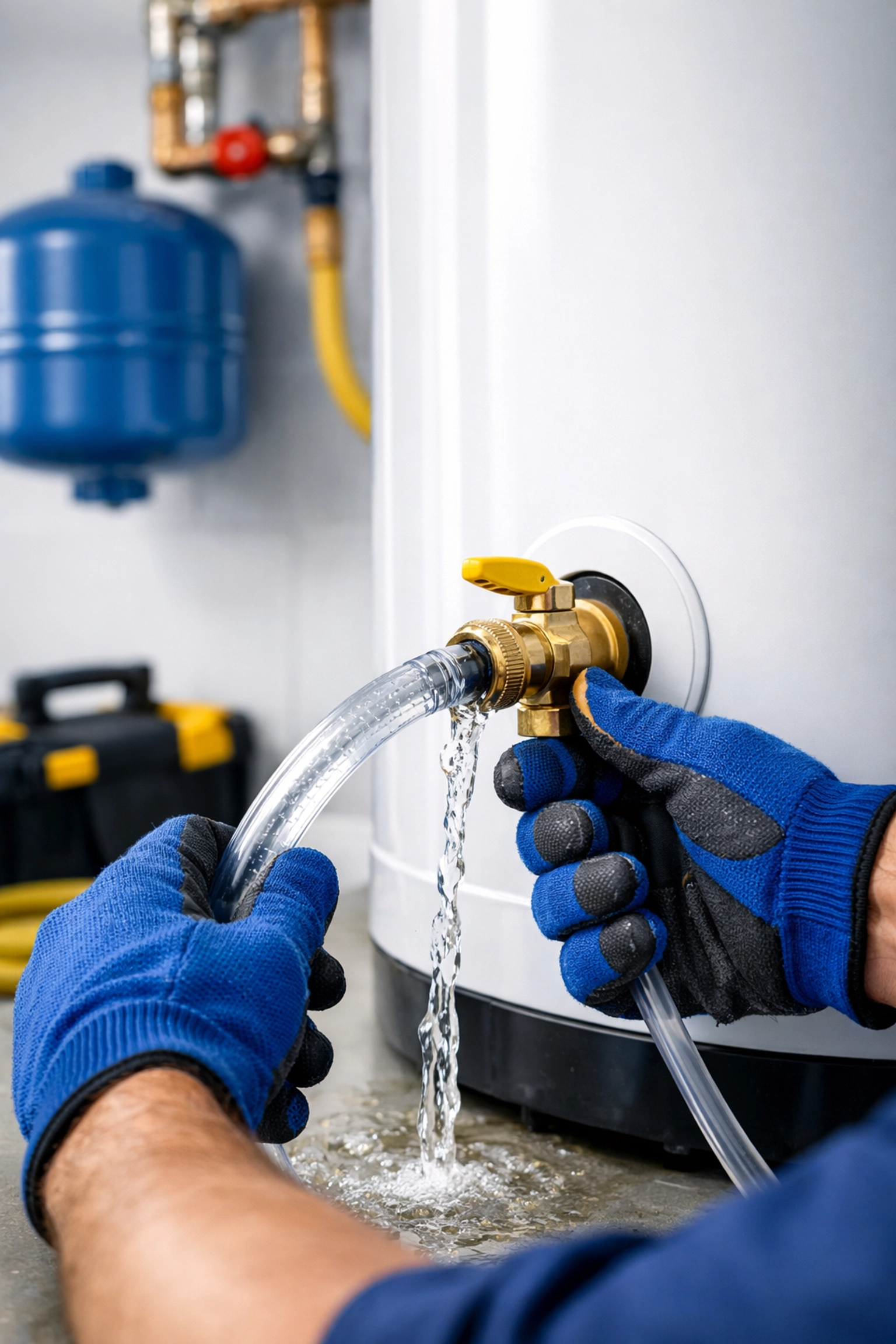 Cold Shower Surprise? 5 Essential Signs Your Water Heater is Ready to Retire 5 Technician performing a water heater flush to remove sediment and improve efficiency in a Bradenton home.