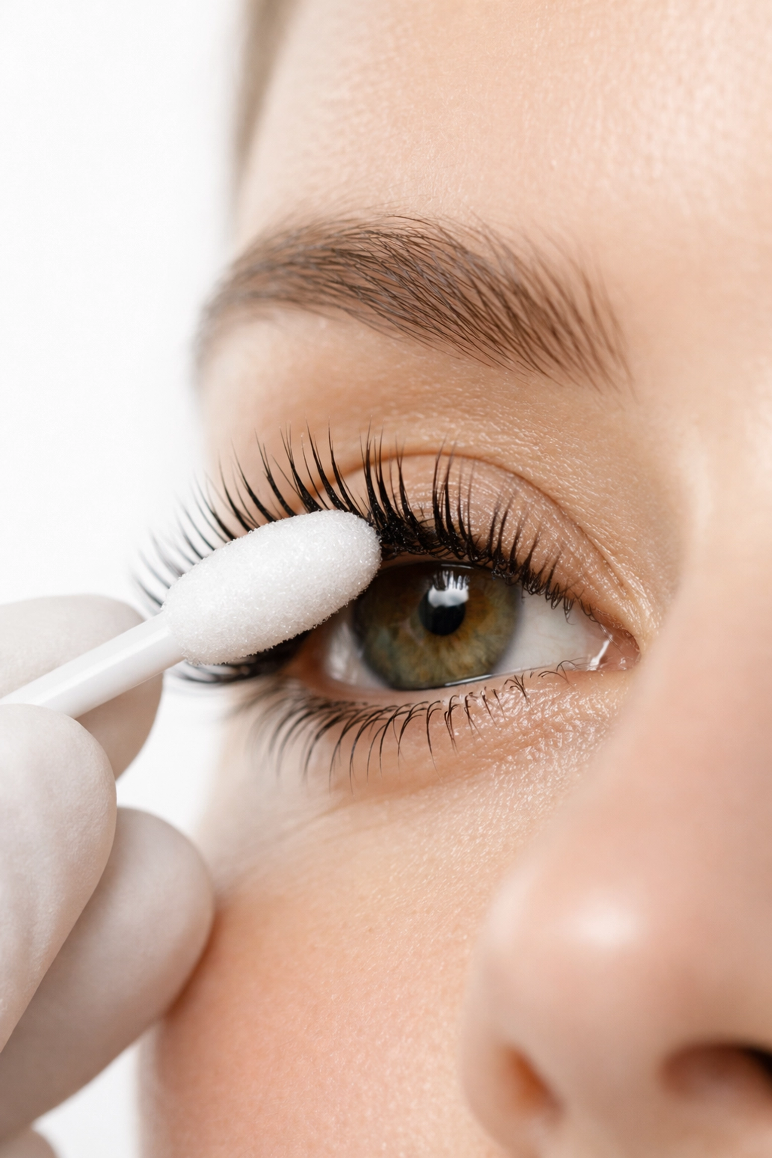 Professional lash artist cleansing eyelashes with a lint-free applicator for optimal tint prep.