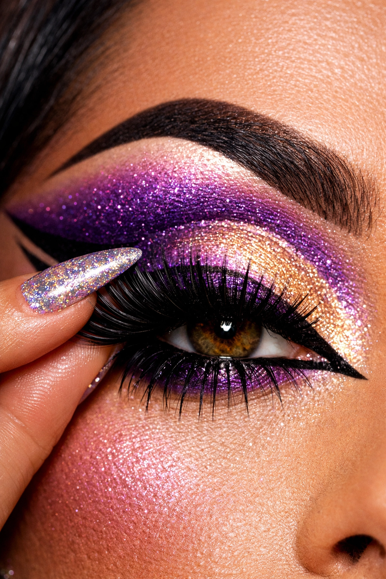Detailed drag eye makeup featuring bold purple eyeshadow, winged liner, and layered false lashes.