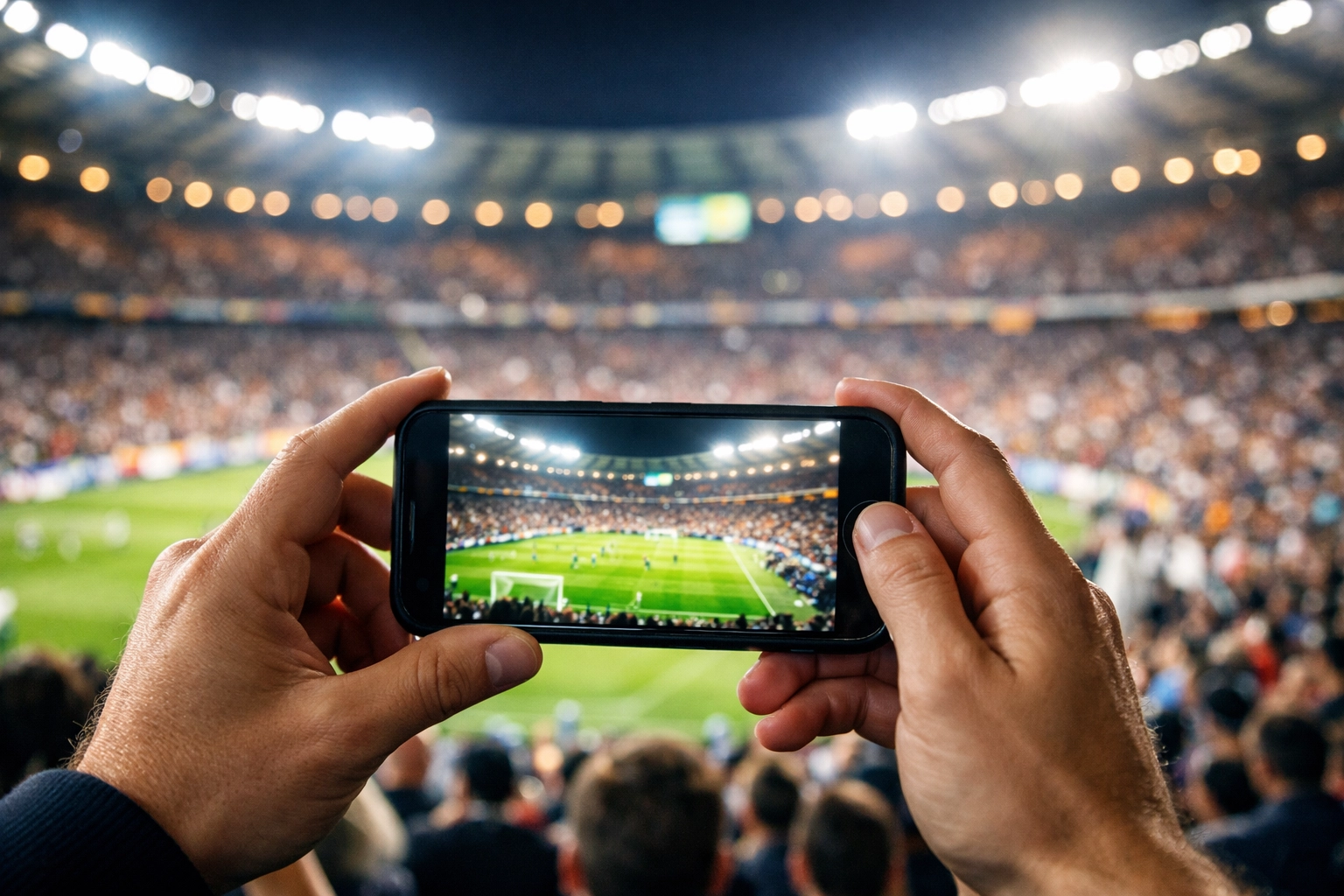 A stadium spectator using a smartphone to capture live sports moments for social media engagement.