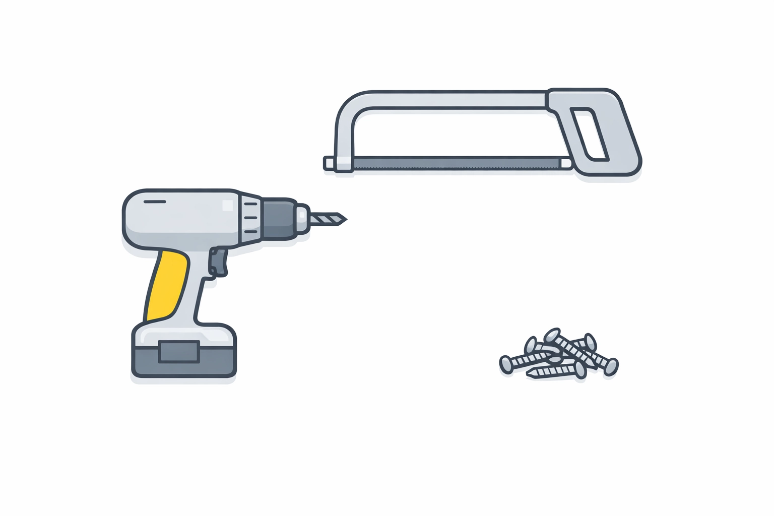 Essential DIY tools like a drill and hacksaw used for door repair and maintenance.