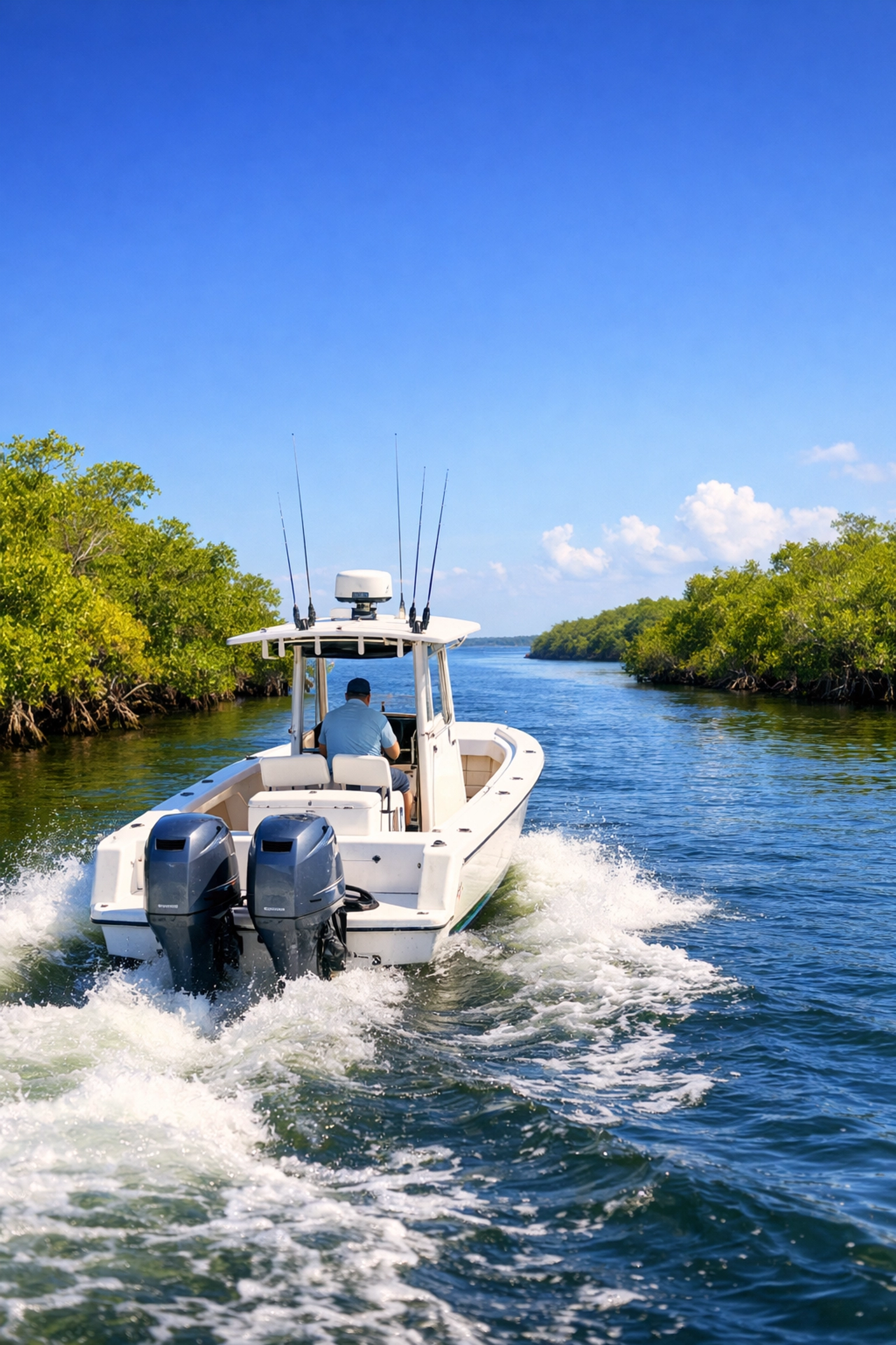 Fishing boat navigating a saltwater canal near mangroves in the Northwest Cape Coral quadrant.