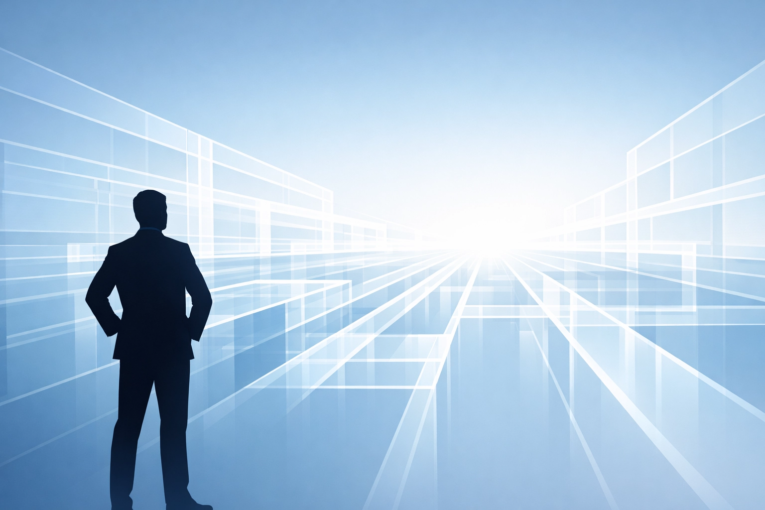 A professional silhouette overlooking a digital structure representing strategic scaling through AI automation.