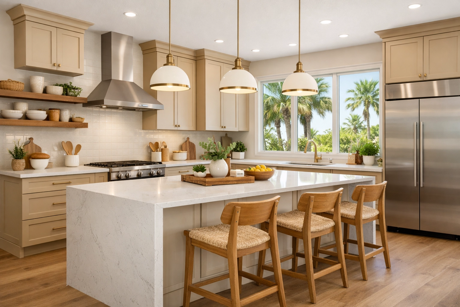 Modern kitchen remodeling Orlando with quartz island and warm beige cabinetry