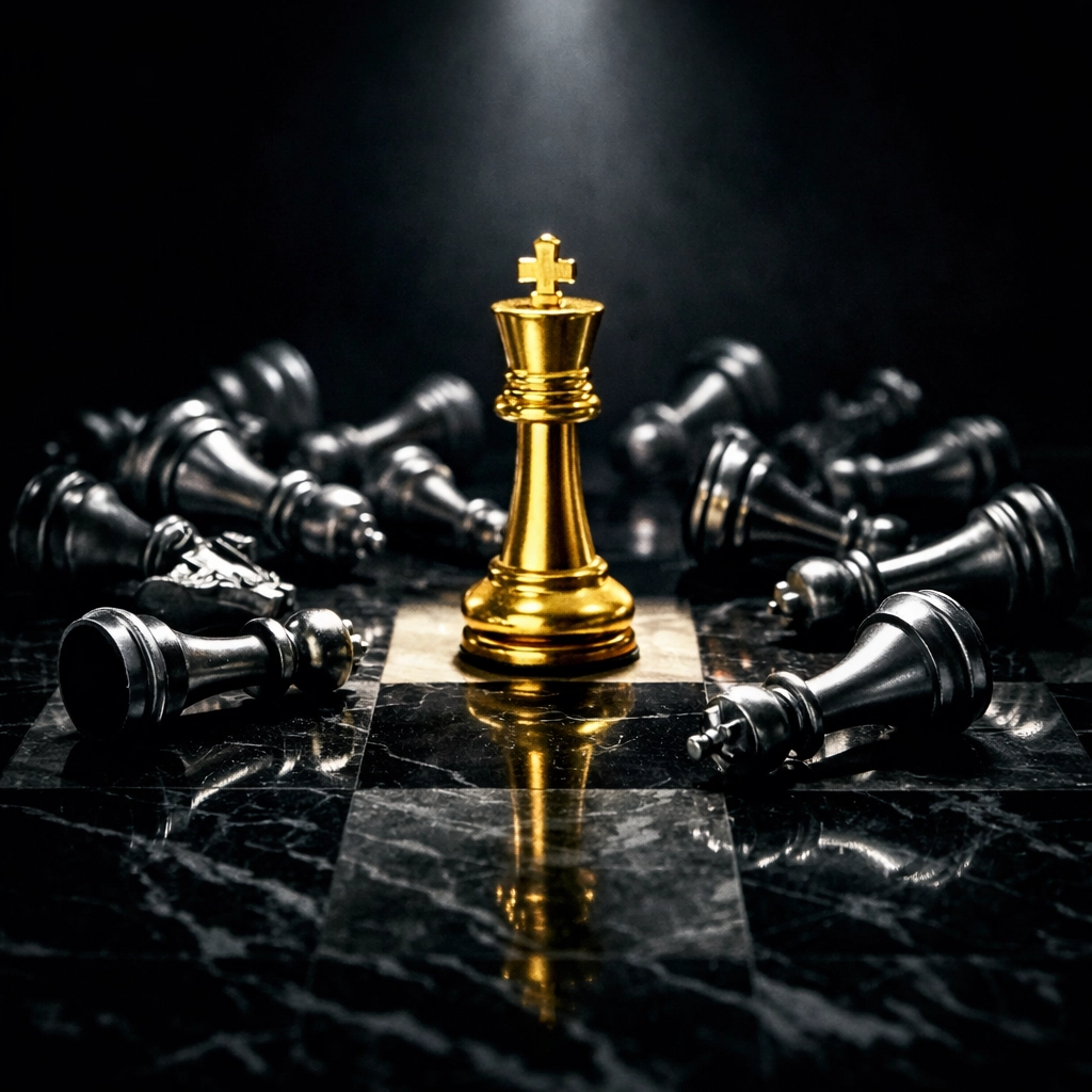 Chess pieces representing resilient stocks like ICICI Bank and Adani during the stock market today downturn.