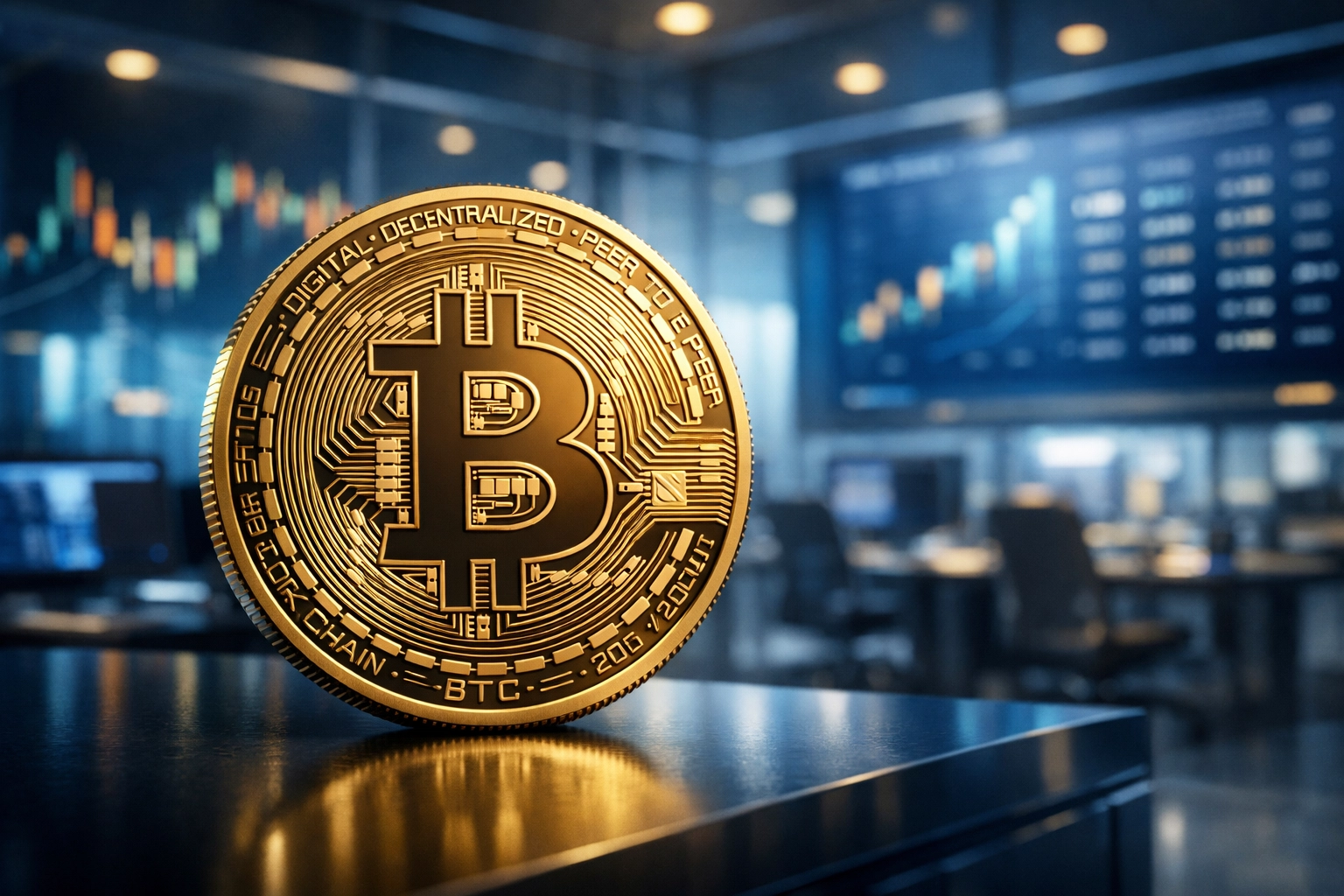 Bitcoin coin in institutional office setting showing crypto as legitimate portfolio allocation