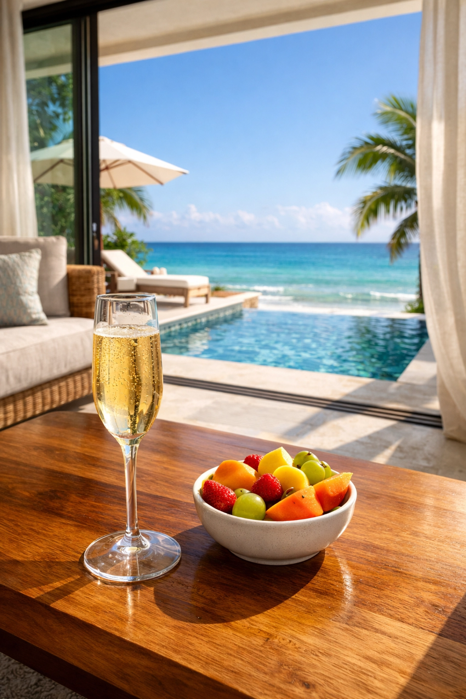 Luxury living room in Playa del Carmen overlooking a private pool and the ocean.