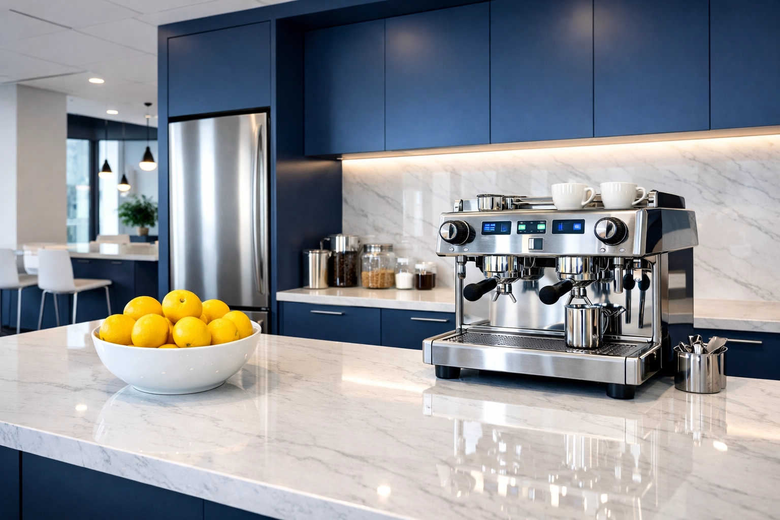 Sparkling clean office breakroom in Cambridge showing the detail of recurring commercial cleaning.