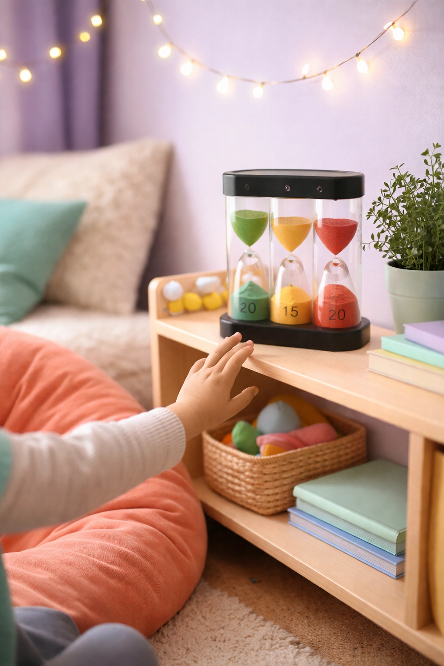 A school calming corner with a visual sand timer, bean bag, and soft lighting, supporting calming space ideas.