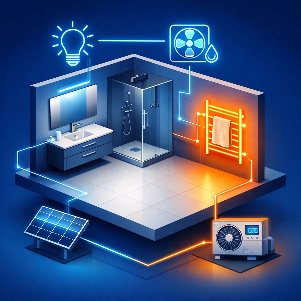 Illustration of a sustainable bathroom renovation featuring energy-efficient solar heating and smart fixtures.