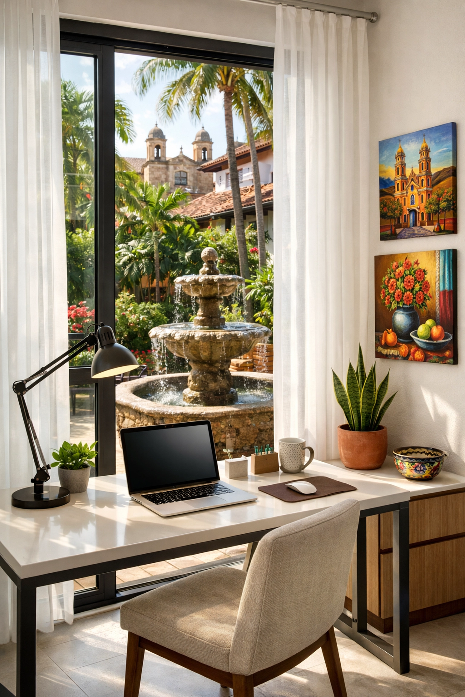 Modern rental condo workspace interior in Old Town Puerto Vallarta with courtyard view
