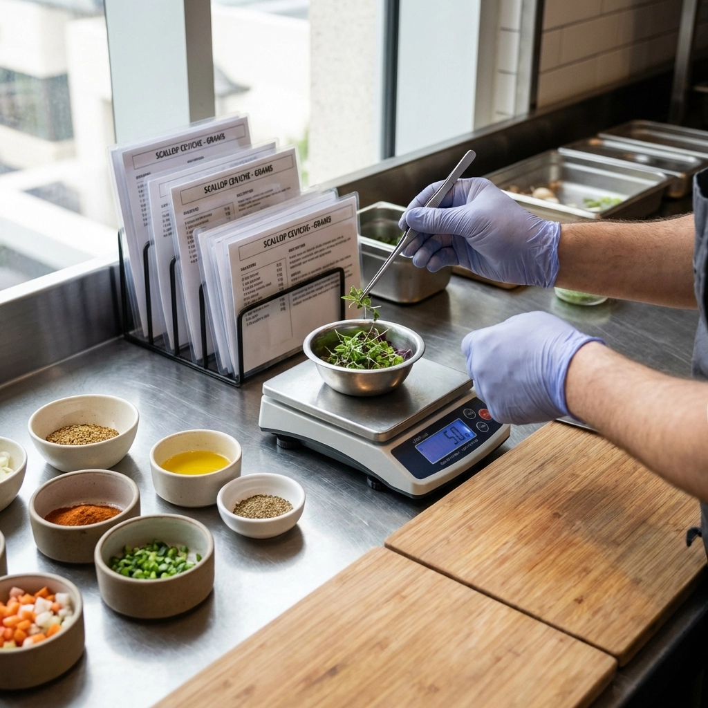 Chef portioning ingredients at a prep station with recipe cards, showing restaurant recipe standardization