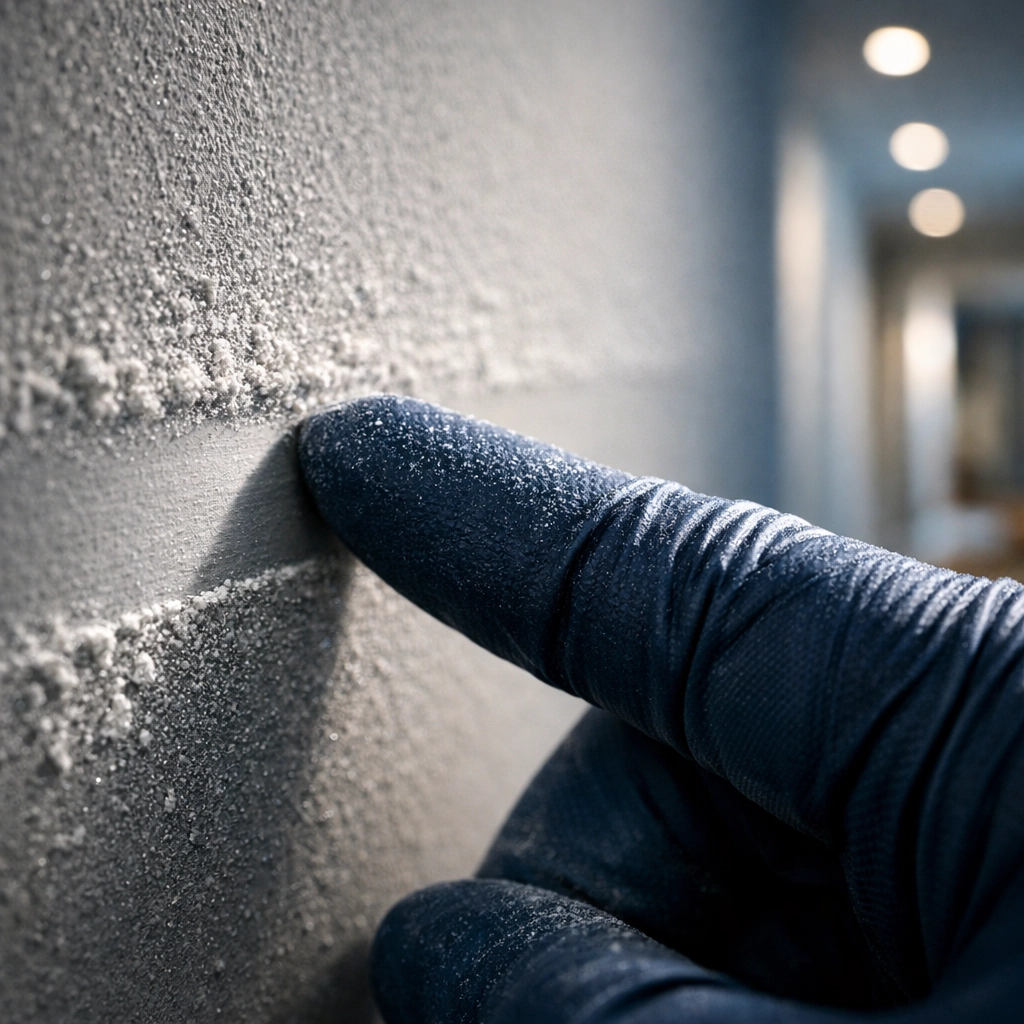 Gloved hand swiping a layer of fine drywall dust on a wall to identify post-construction residue.