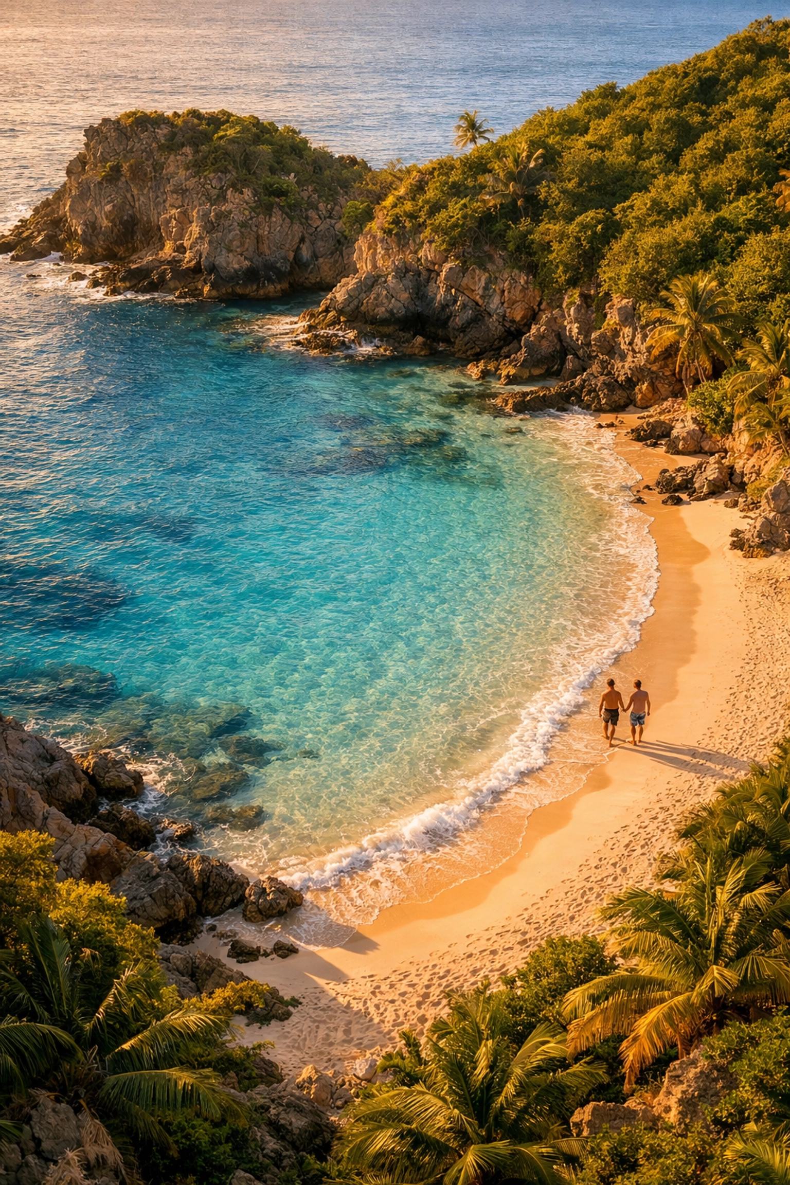 Secluded Caribbean naturist cove with gay couple on pristine beach
