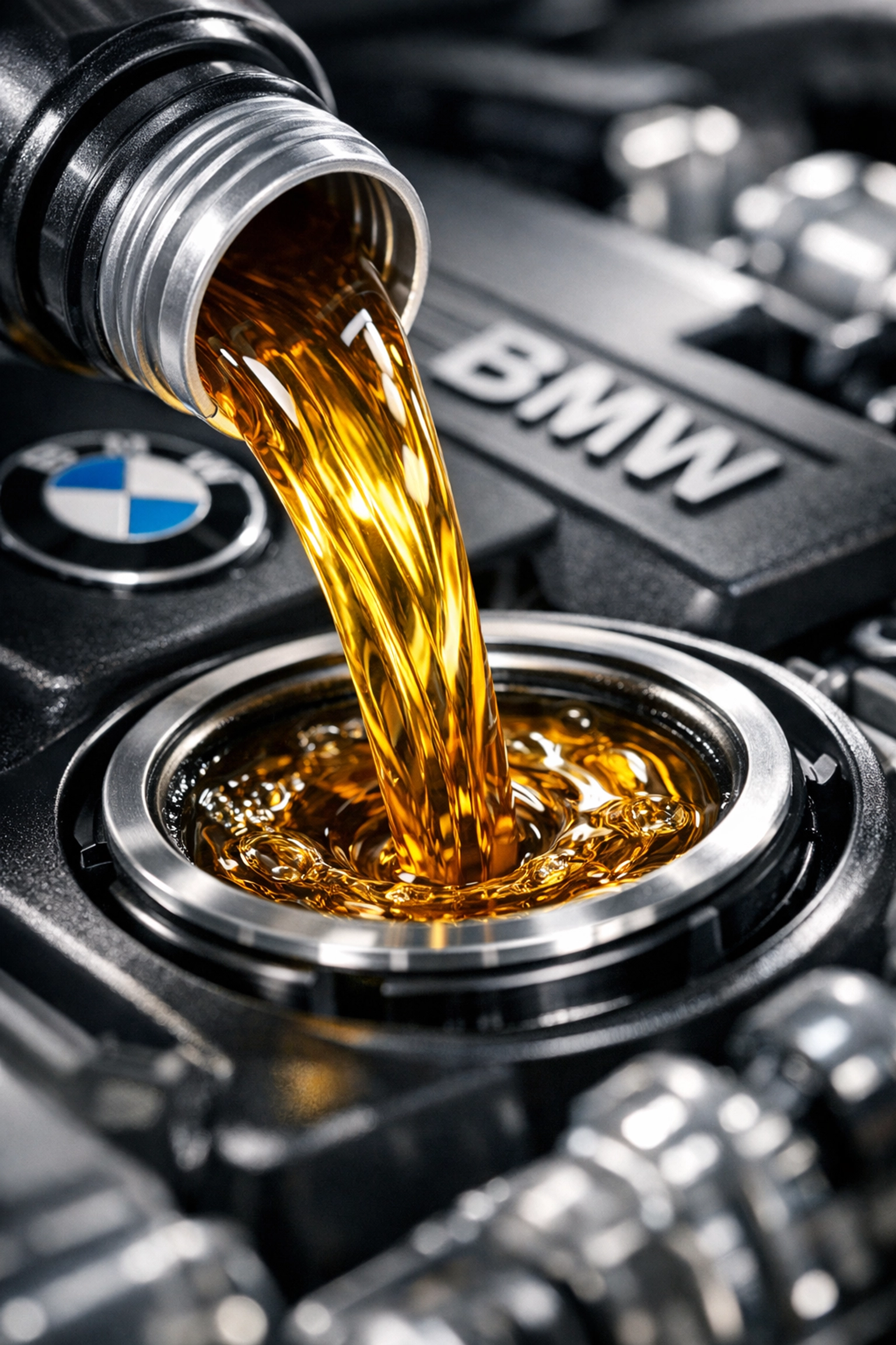 High-quality synthetic oil being poured into a BMW engine for professional maintenance.