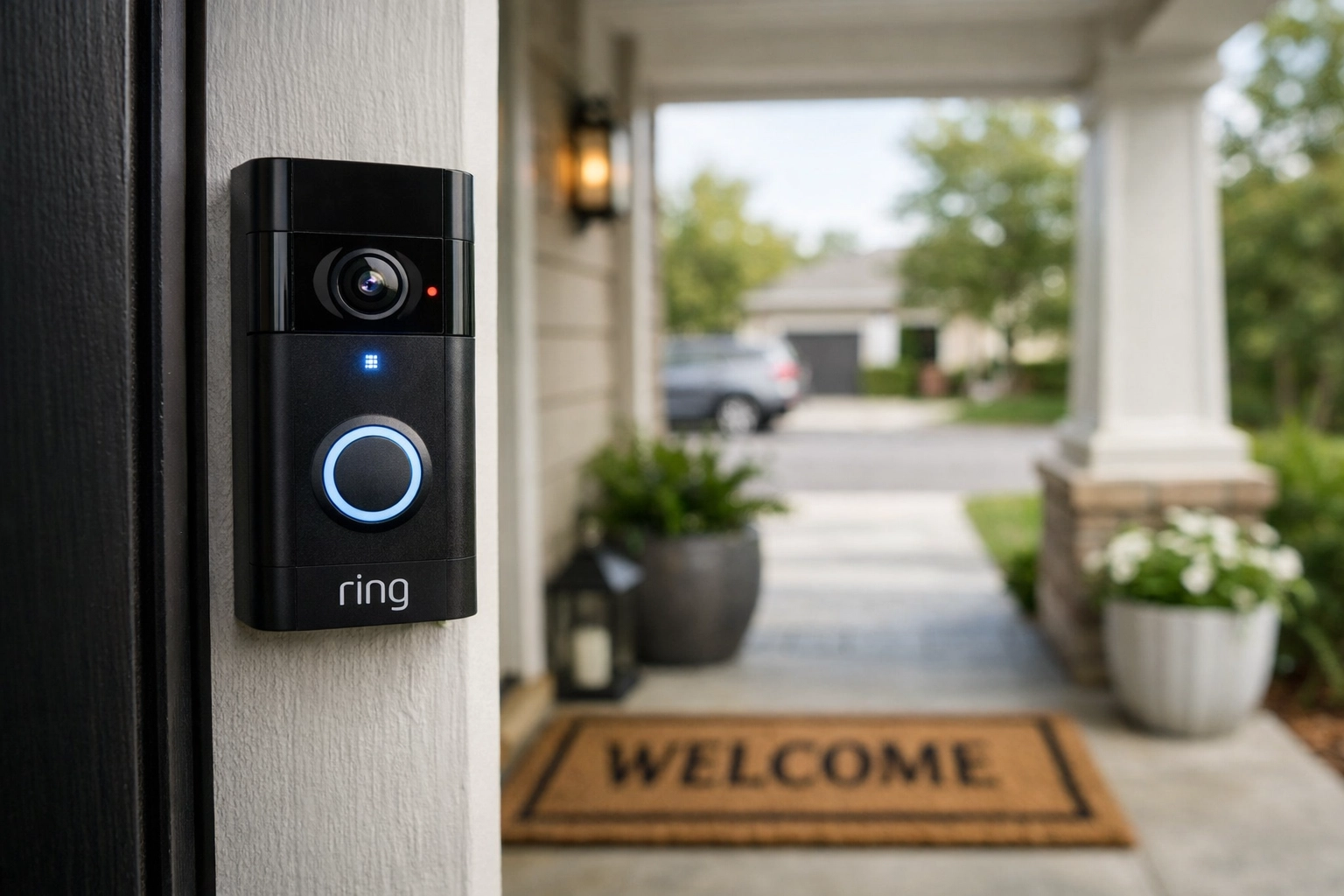 Ring video doorbell monitoring front entrance for secure FSBO property showings