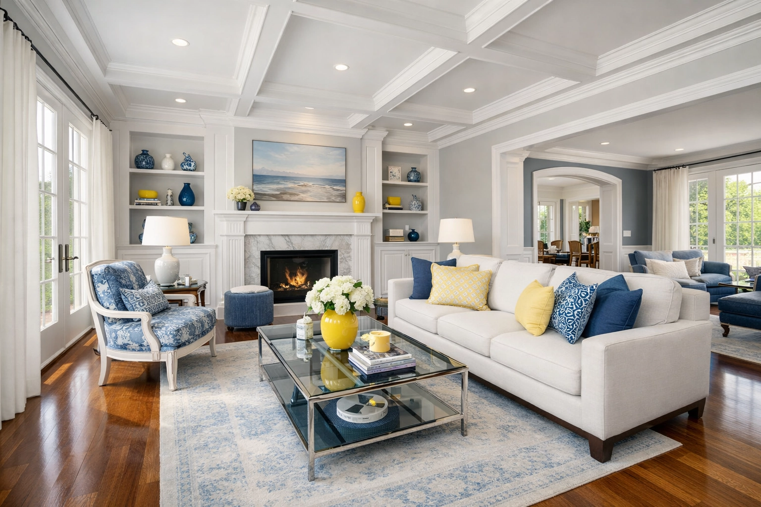 Spotless high-end living room with polished hardwood floors, showcasing professional deep cleaning in Canton.