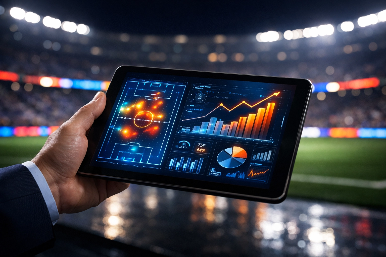 Marketing executive tracking ROI and sports advertising analytics on a tablet at a stadium.