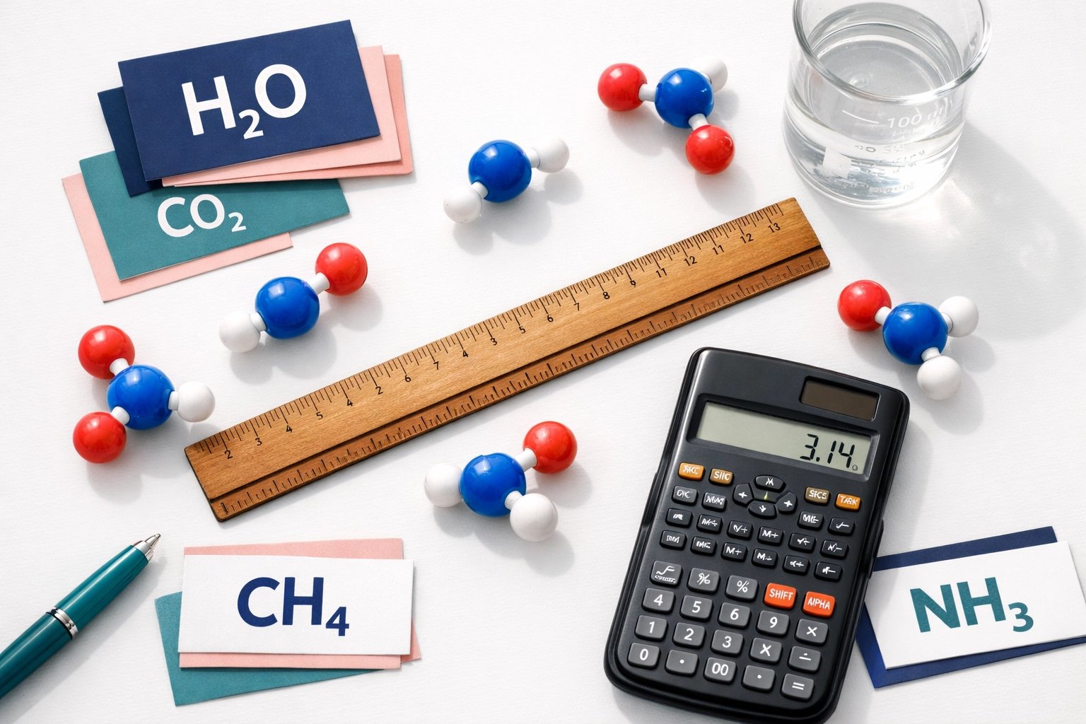 Ruler with molecular models and GCSE Chemistry revision materials for estimation questions