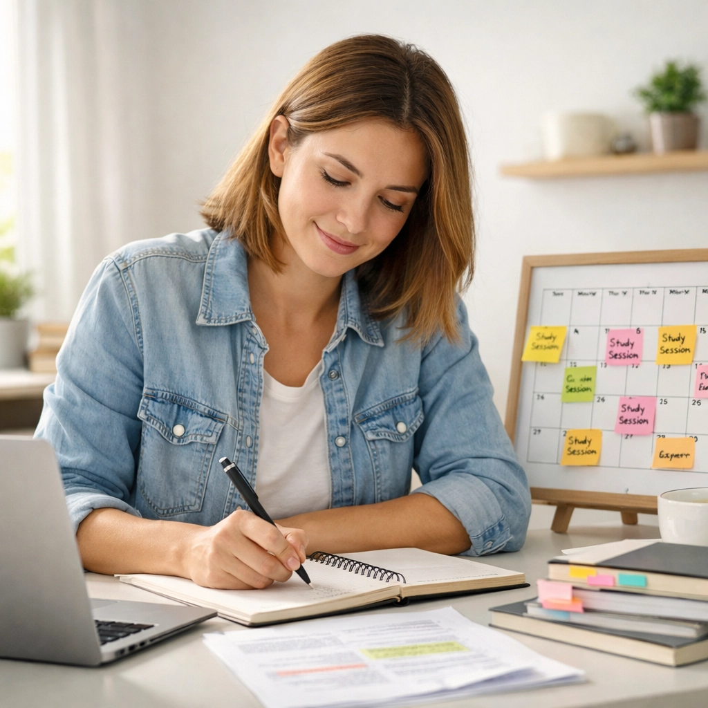 Adult student following structured DSST study schedule at organized home desk (1x1, center safe zone)