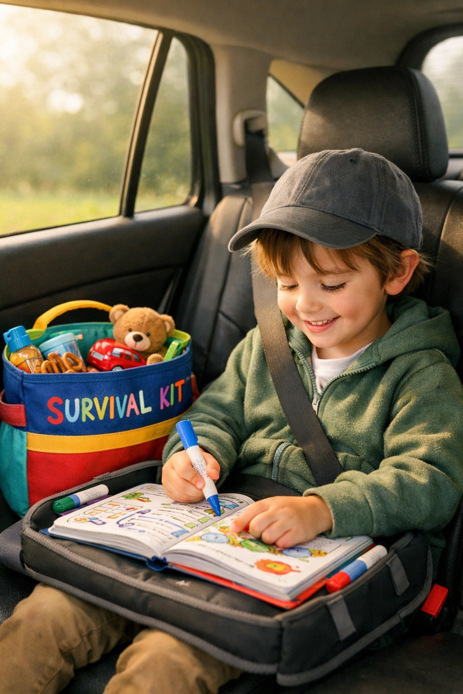 A child using mess-free markers in a car, an essential part of a road trip survival kit for family travel.