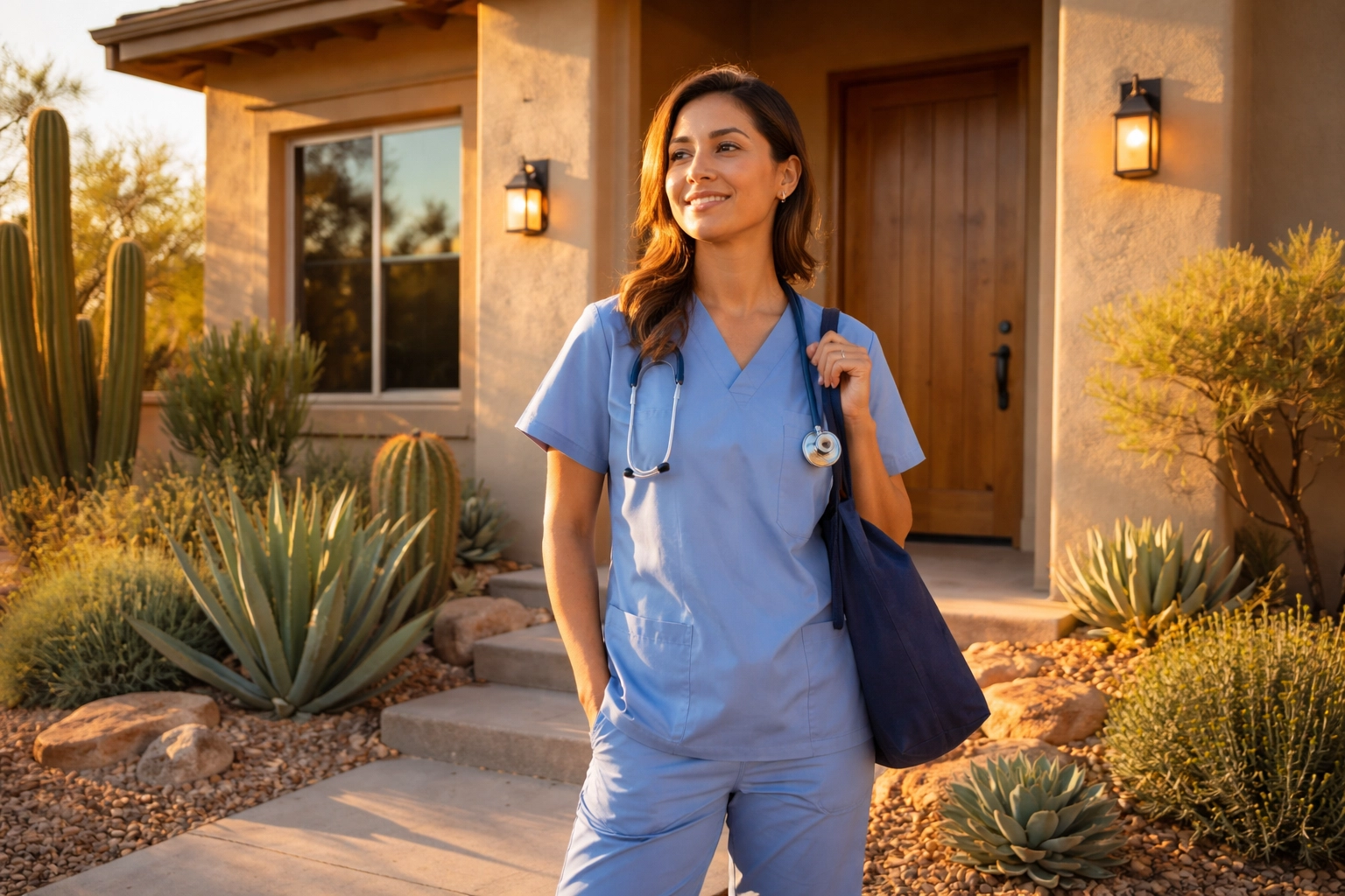 Healthcare worker in scrubs relaxes on porch of a modern Arizona home, showcasing Buckeye living for medical professionals