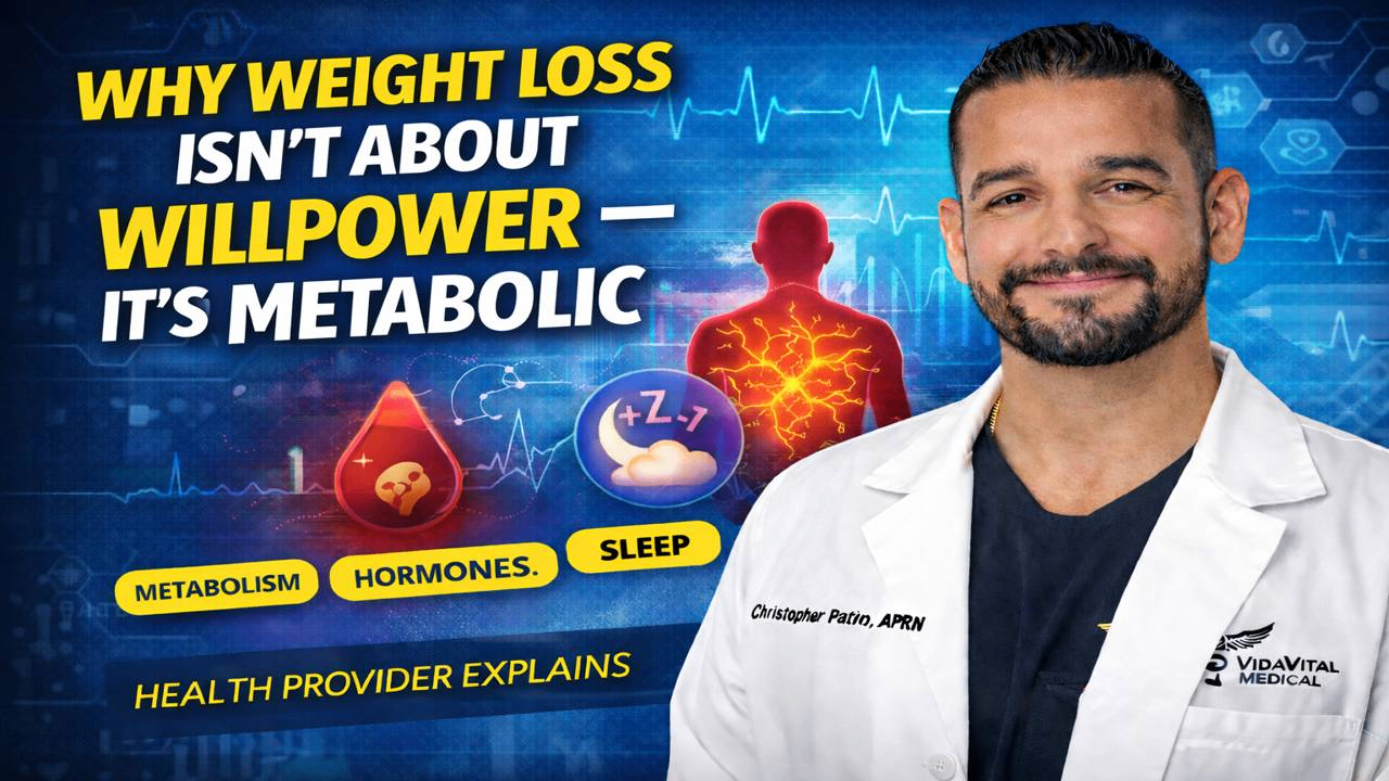 Christopher Patino, APRN in a lab coat next to graphics about weight loss, metabolism, and hormones