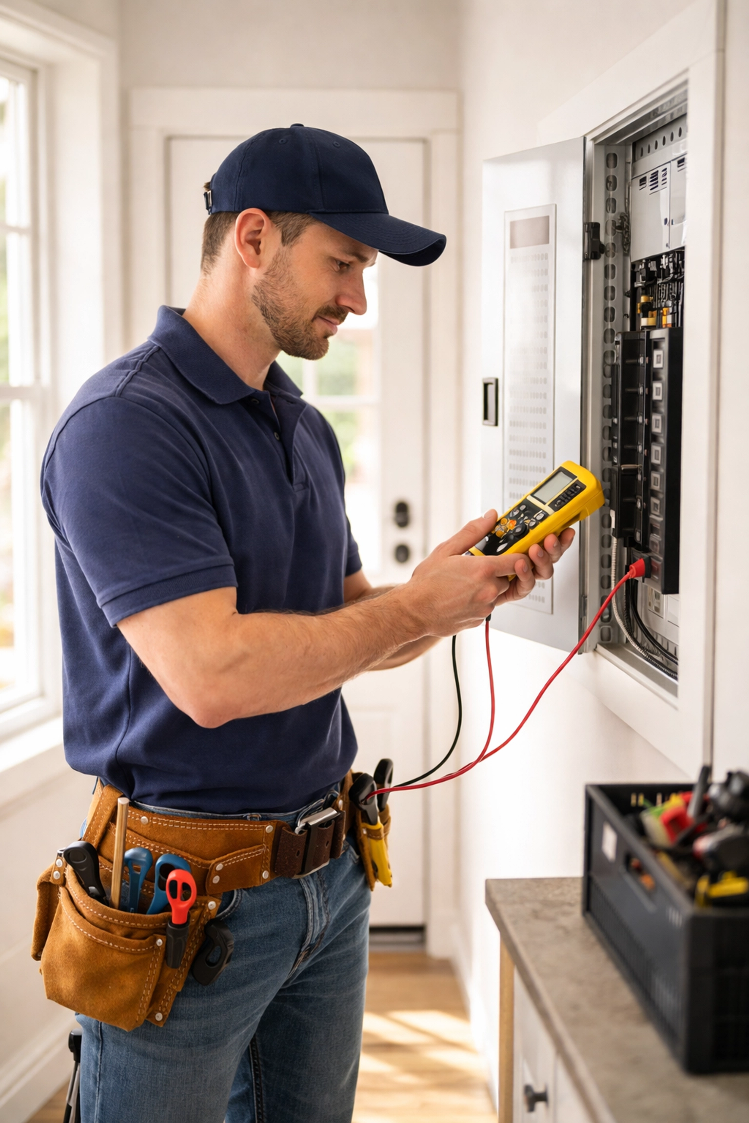 Professional electrician testing an electrical panel in a Maine home for safe EV and mini-split installation