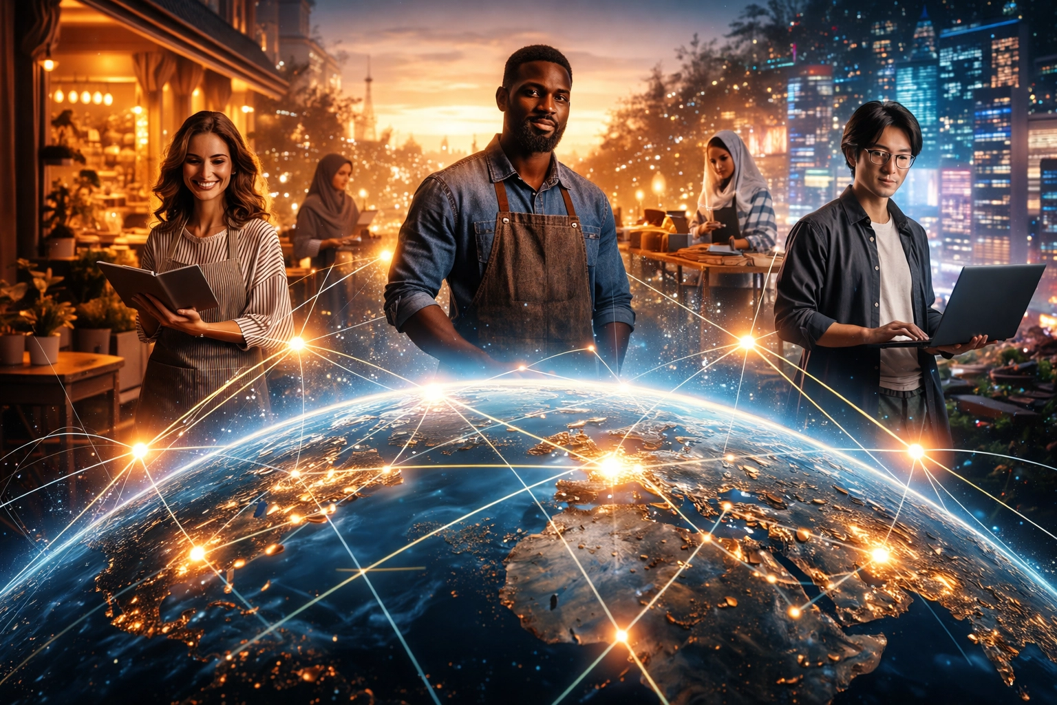 Global network of business owners connected by blockchain, illustrating borderless crypto payments and self-custody solutions for merchants.