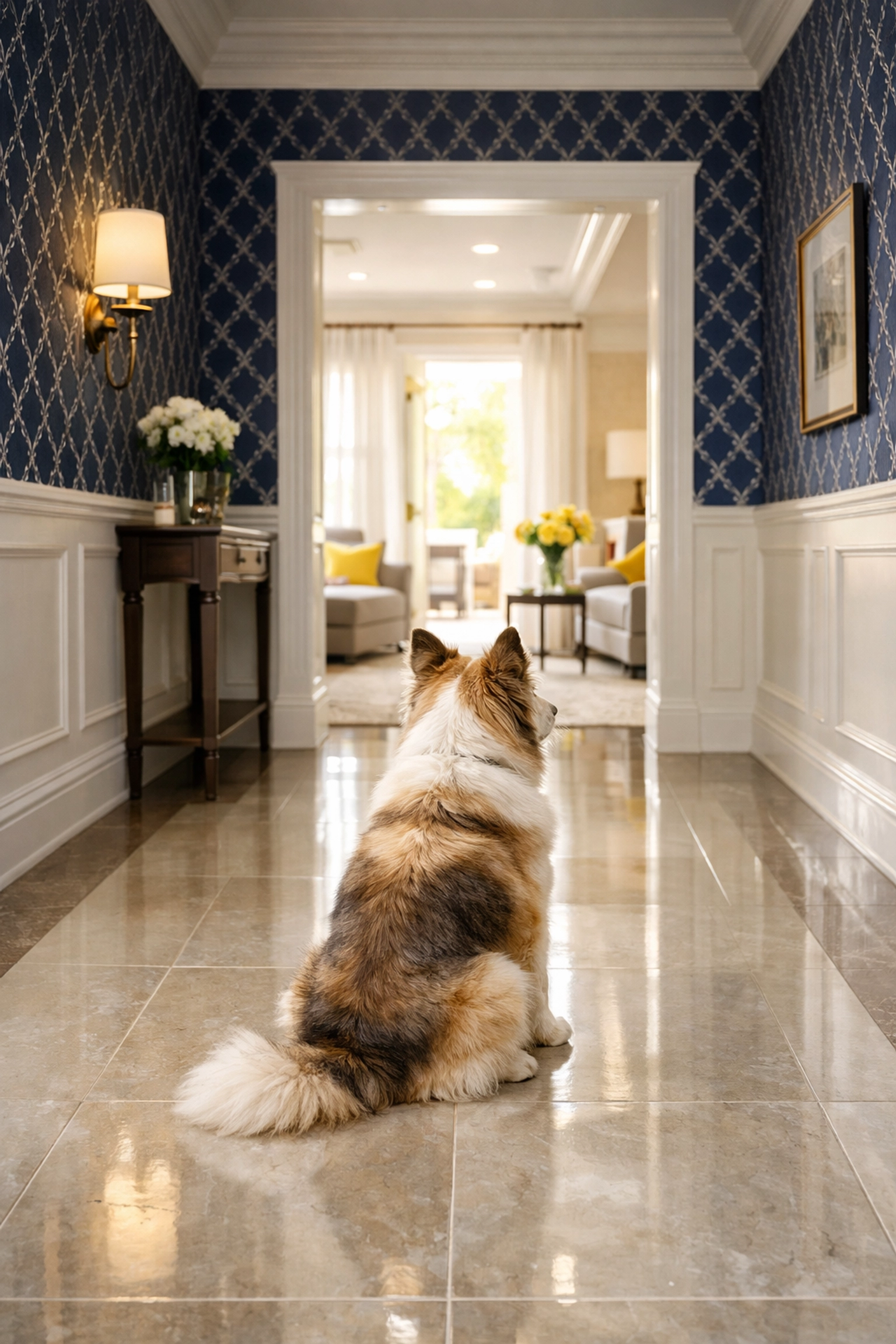 Well-groomed dog on clean tile floors in a dander-free, professionally cleaned hallway.