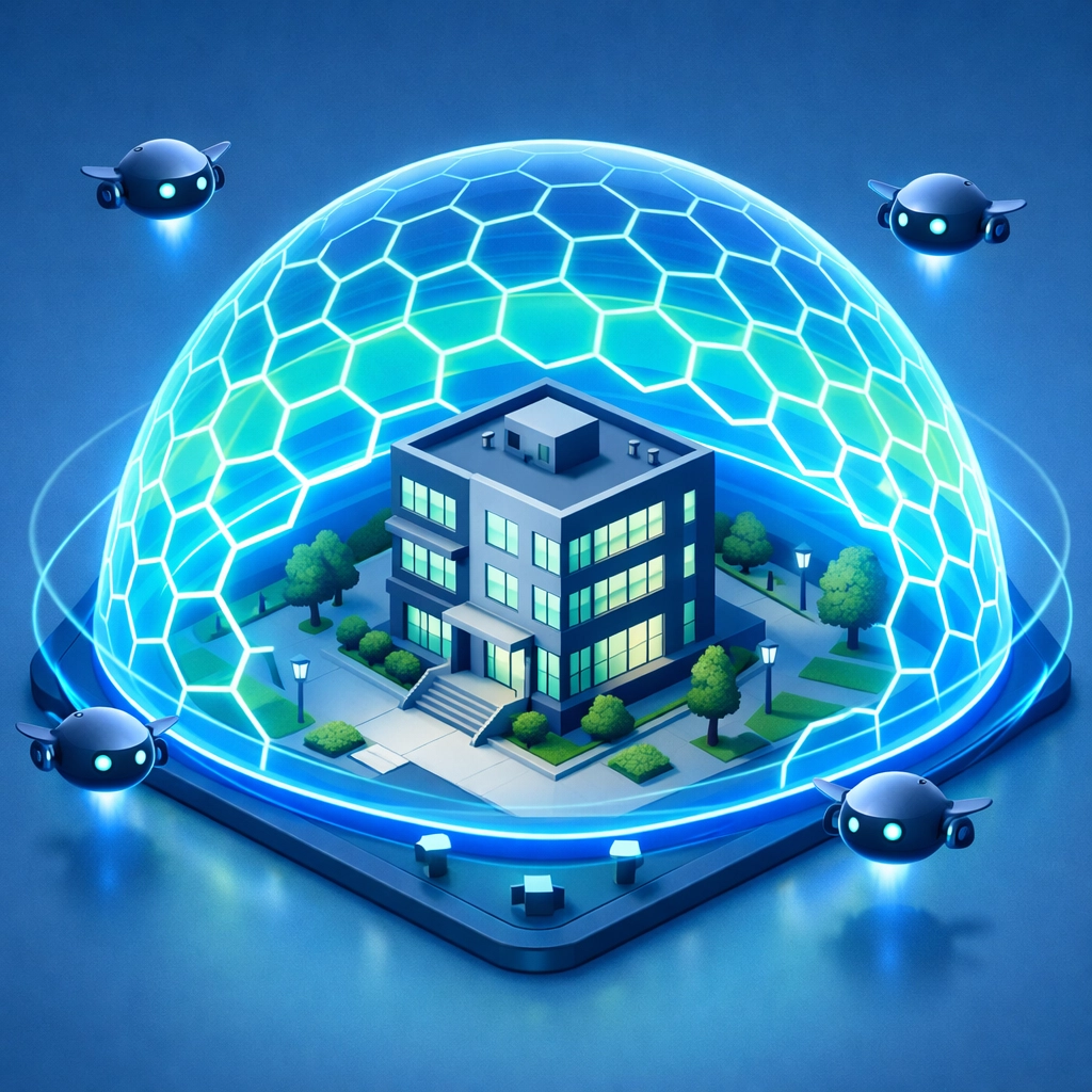 Proactive cybersecurity monitoring dome and AI drones protecting a business using NIST CSF 2.0 security standards.