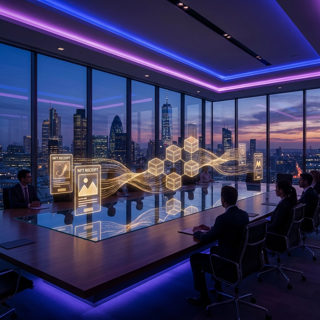 Corporate boardroom with digital tokens and NFT receipts, highlighting Larecoin's blockchain innovation for enterprise crypto payments
