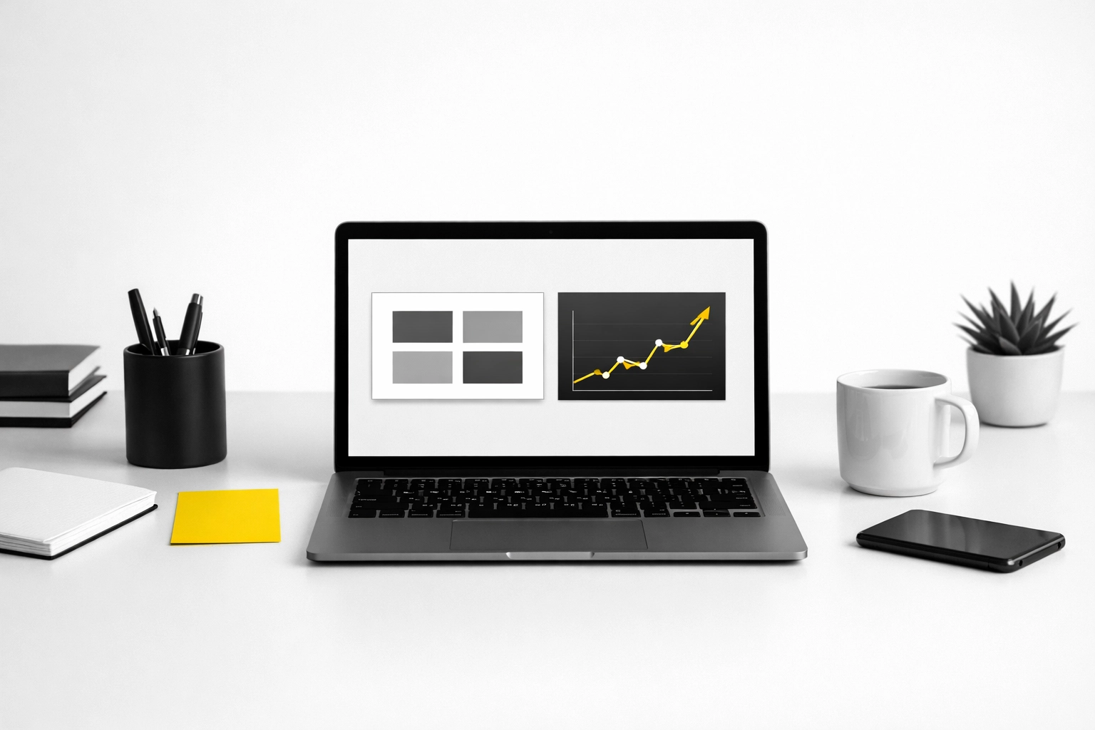[HERO] Minimal black-and-white hero image with a pop of yellow showing a sleek desk setup and a simple growth chart on a laptop screen.