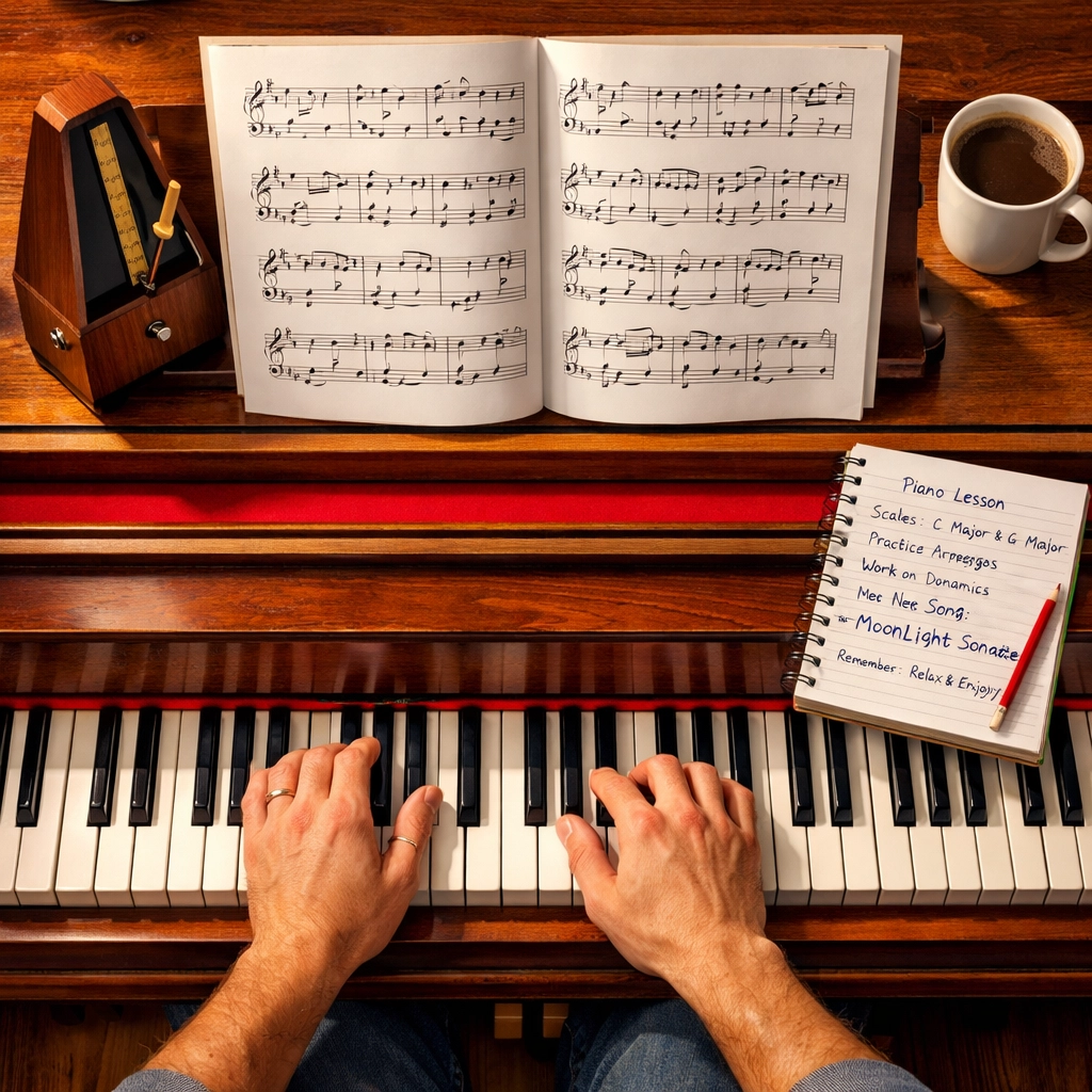 Piano practice setup with sheet music for beginner piano lessons