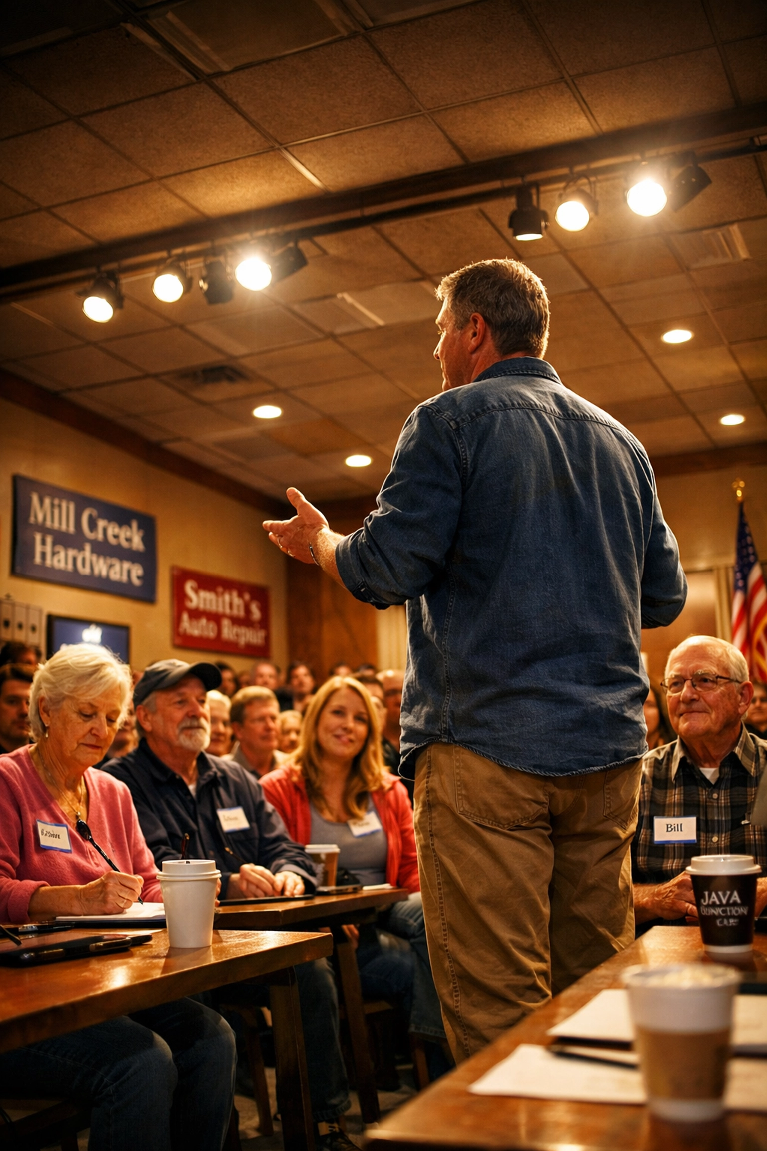 Community member addressing town hall meeting with engaged local residents demonstrating stakeholder engagement