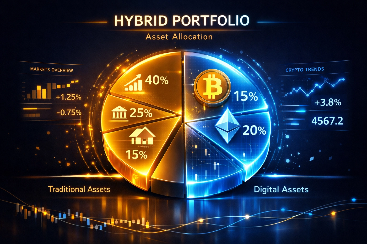 Hybrid portfolio dashboard showing traditional assets blending with Bitcoin and Ethereum investments