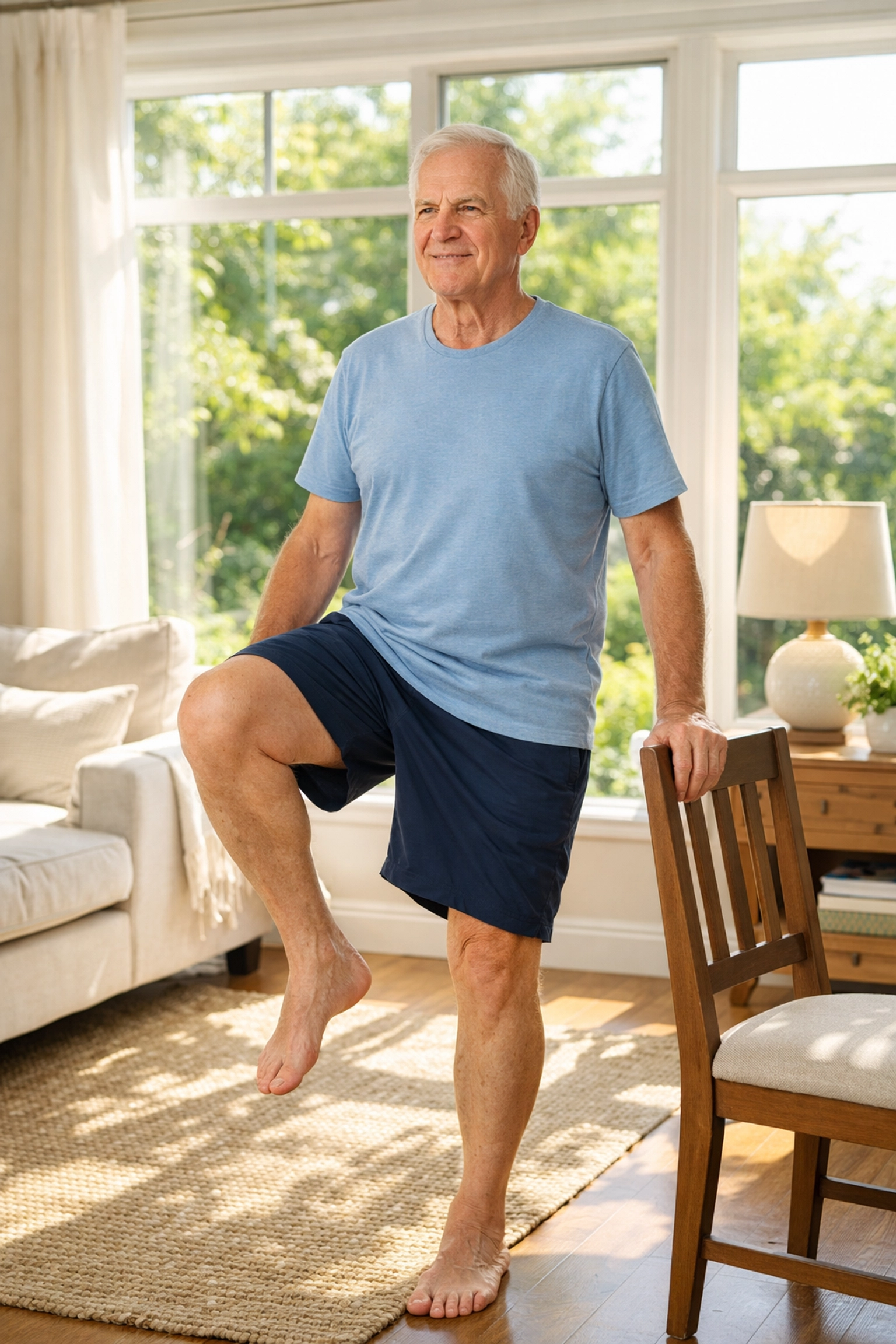 Senior man practicing balance exercises in a sunlit living room using a sturdy chair for support.